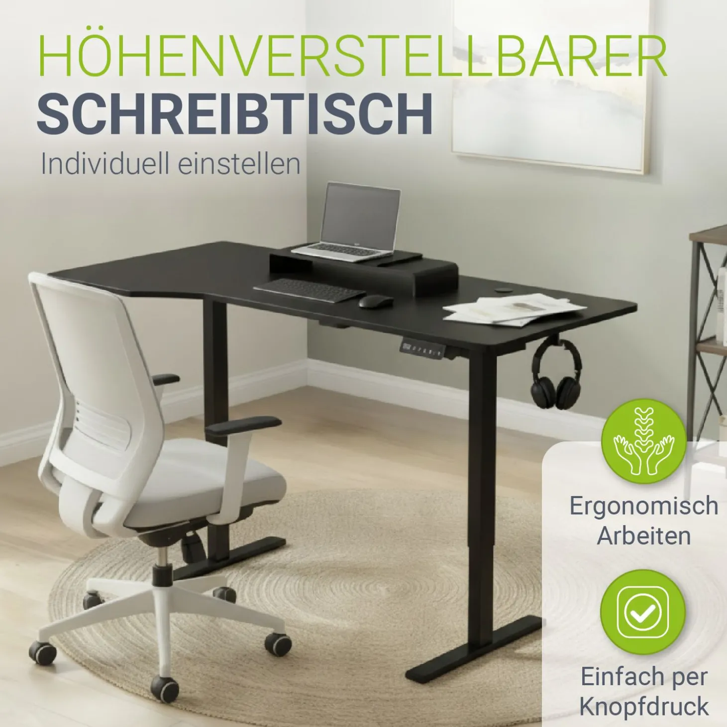 Schreibtisch Office Stand Elektrisch höhenverstellbarer Arbeitsplatz mit Headset-Halterung und Kabelführung