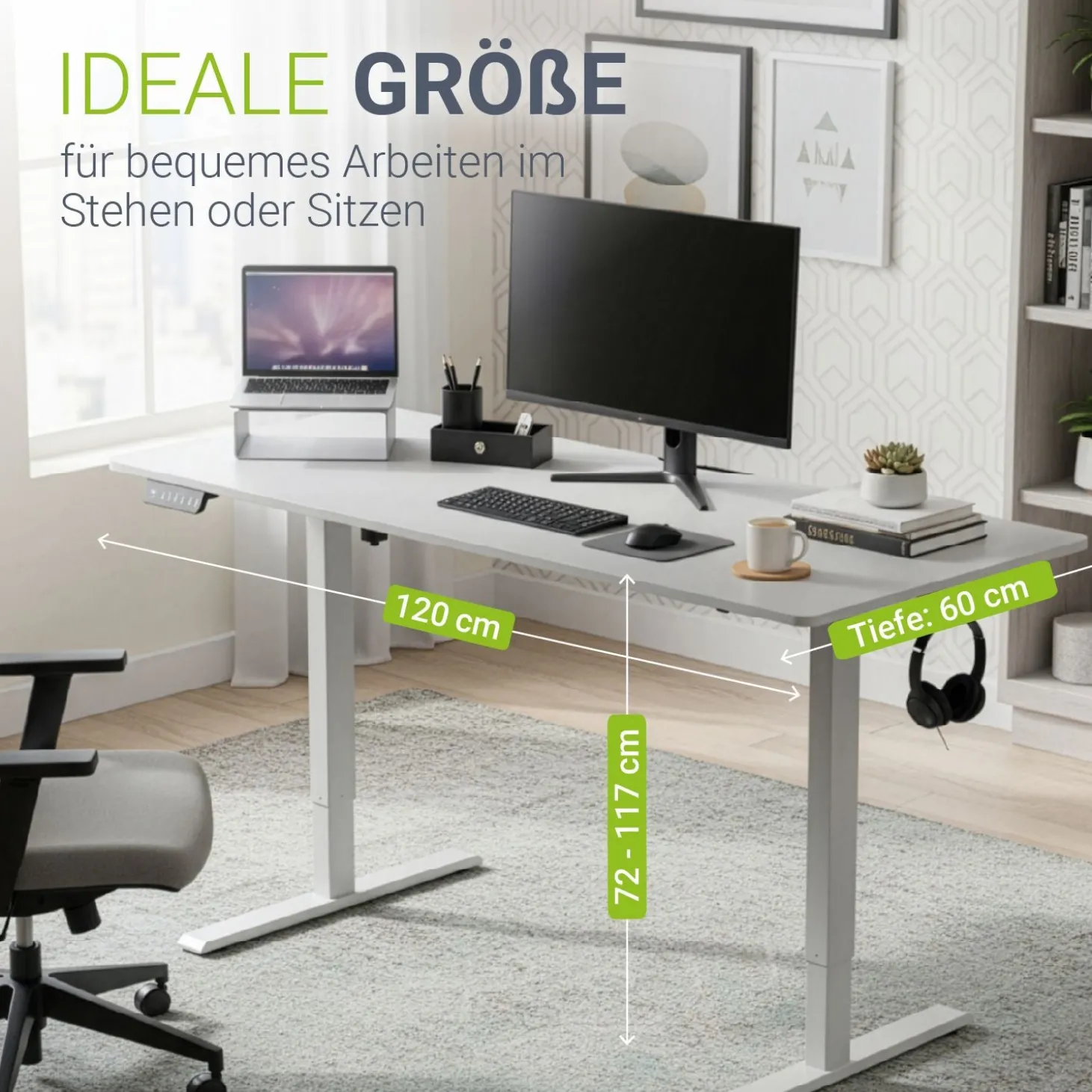 Schreibtisch Office Stand Elektrisch höhenverstellbarer Arbeitsplatz mit Headset-Halterung und Kabelführung