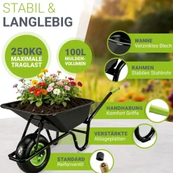 Schubkarre Garden 100 L Transporthilfe bis 250 kg mit Luftreifen - inkl. Handschuhe