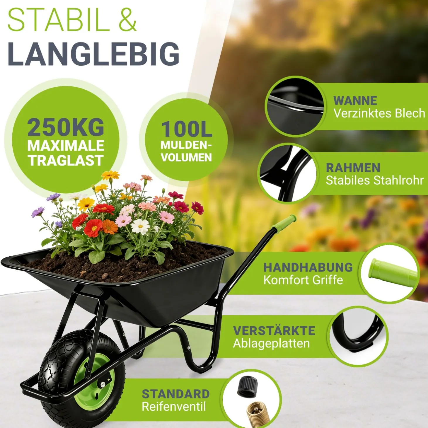 Schubkarre Garden 100 L Transporthilfe bis 250 kg mit Luftreifen - inkl. Handschuhe