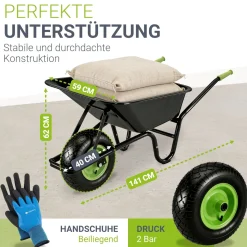 Schubkarre Garden 100 L Transporthilfe bis 250 kg mit Luftreifen - inkl. Handschuhe