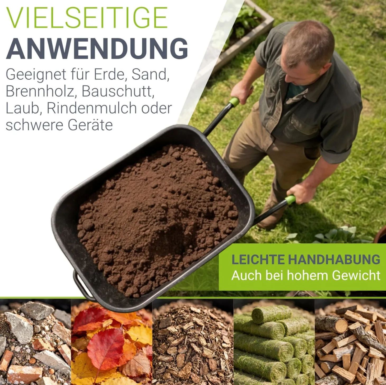 Schubkarre Garden 100 L Transporthilfe bis 250 kg mit Luftreifen - inkl. Handschuhe