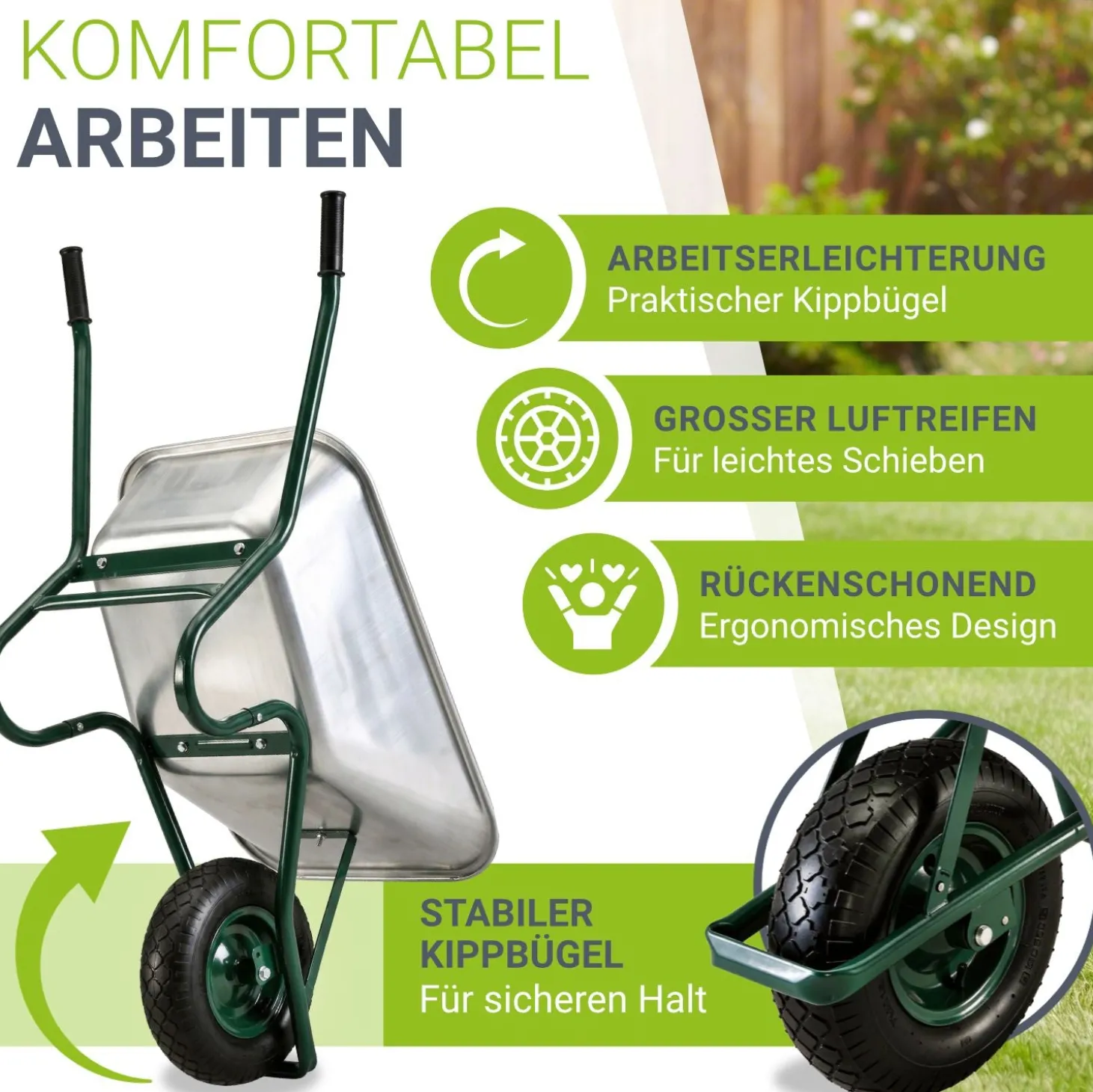 Schubkarre Garden 100 L Transporthilfe bis 250 kg mit Luftreifen - inkl. Handschuhe