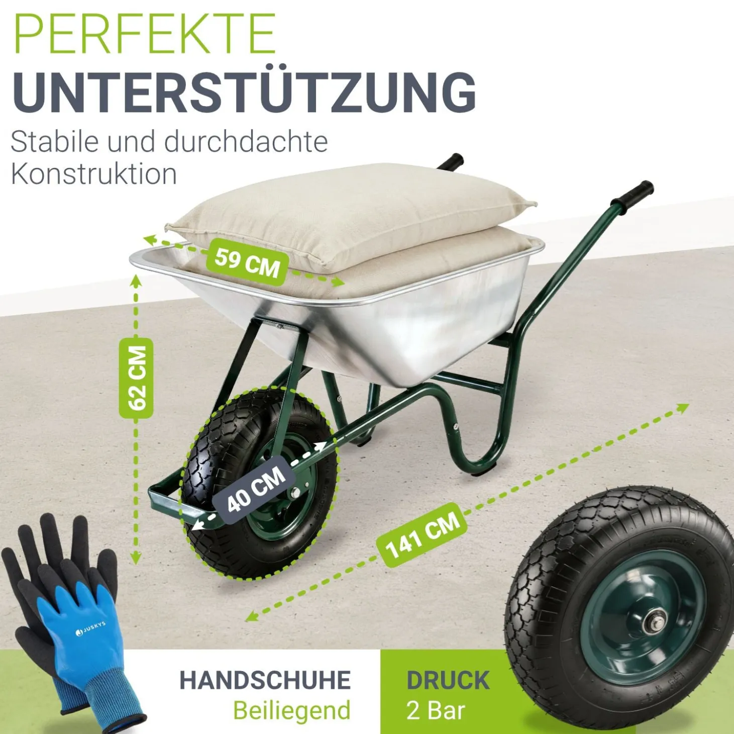 Schubkarre Garden 100 L Transporthilfe bis 250 kg mit Luftreifen - inkl. Handschuhe
