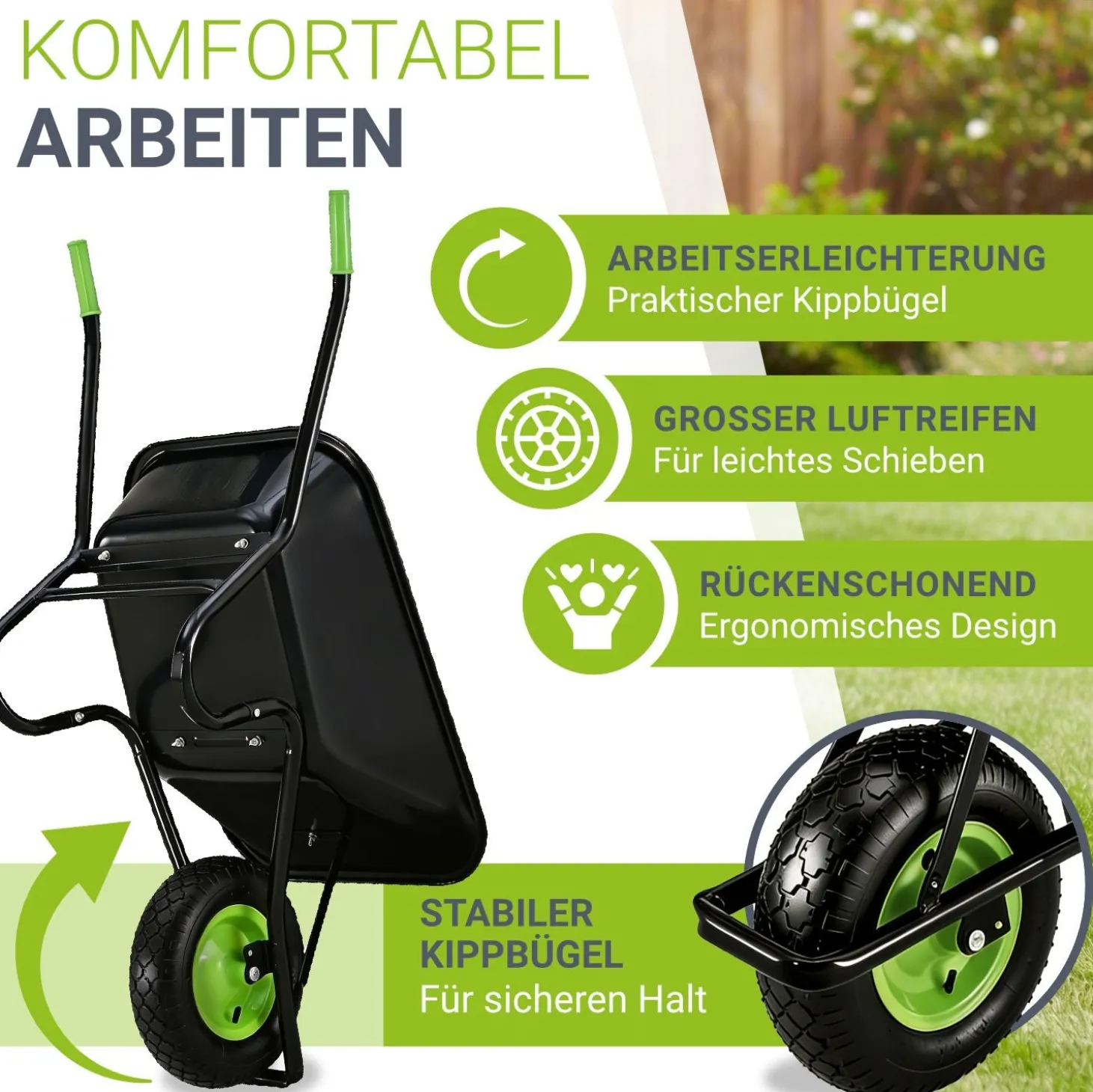 Schubkarre Garden 100 L Transporthilfe bis 250 kg mit Luftreifen - inkl. Handschuhe