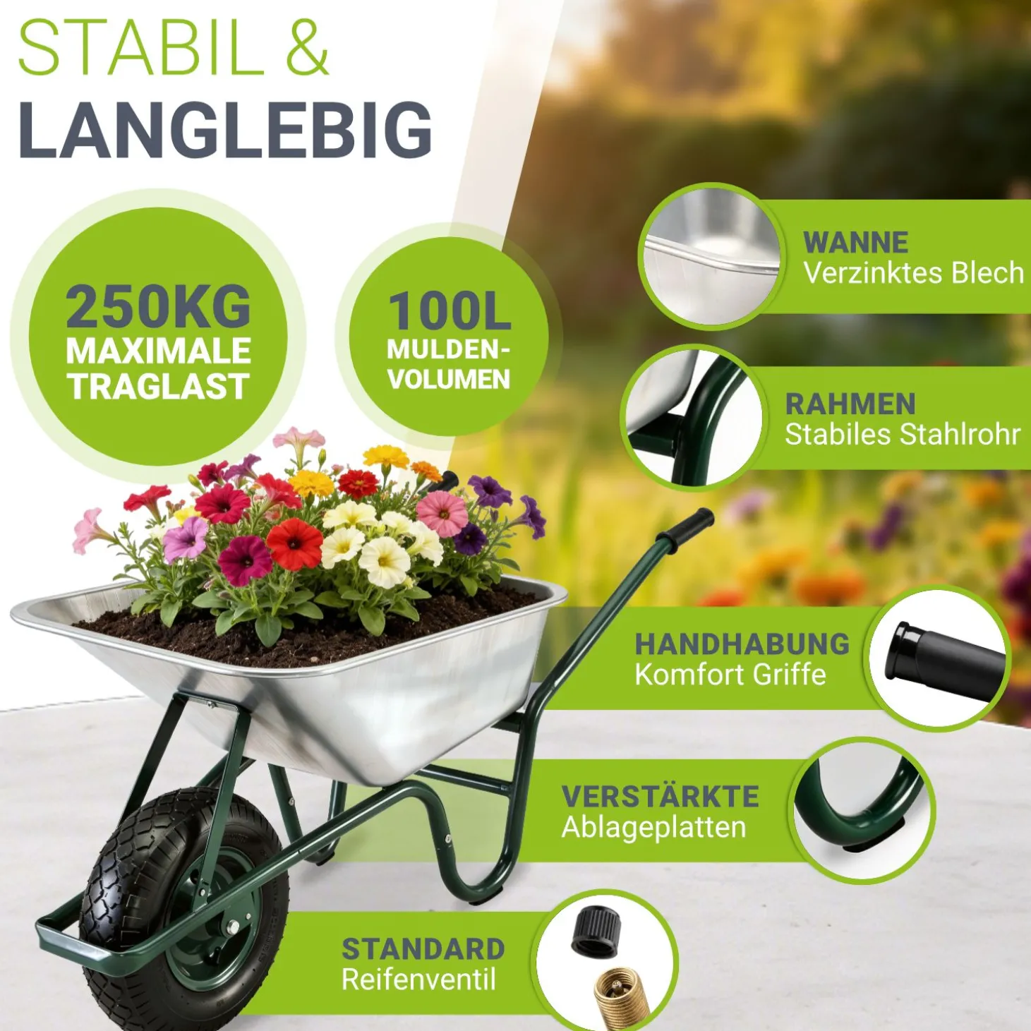 Schubkarre Garden 100 L Transporthilfe bis 250 kg mit Luftreifen - inkl. Handschuhe