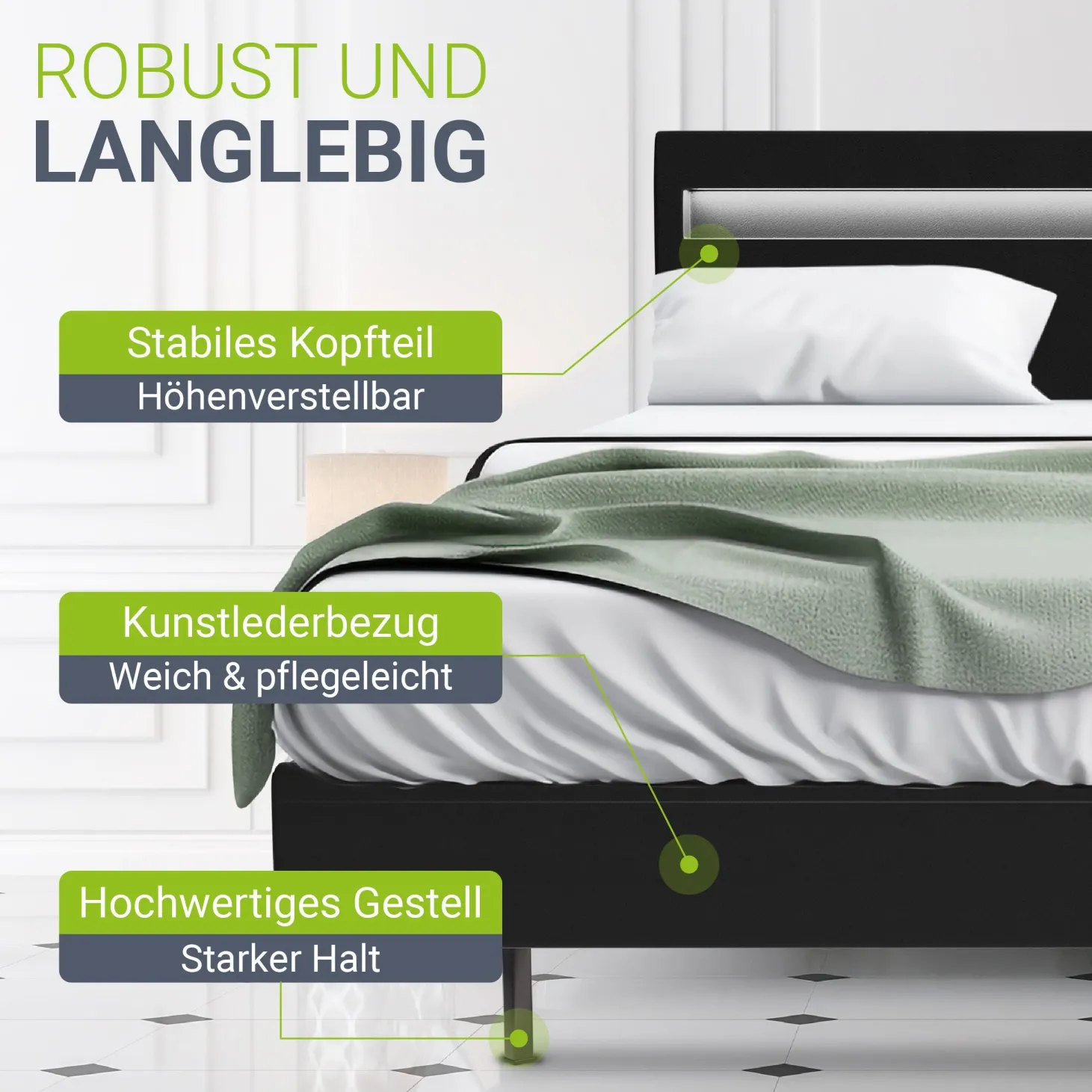 Schwebebett Lissabon Elegant schwebendes Polsterbett mit LED-Beleuchtung