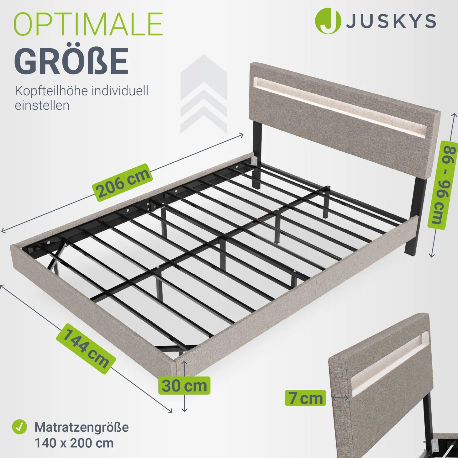 Schwebebett Lissabon Elegant schwebendes Polsterbett mit LED-Beleuchtung