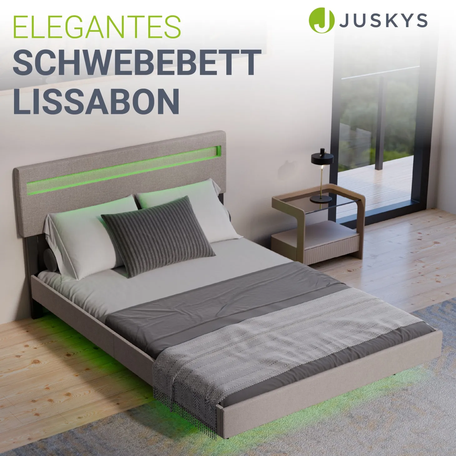 Schwebebett Lissabon Elegant schwebendes Polsterbett mit LED-Beleuchtung