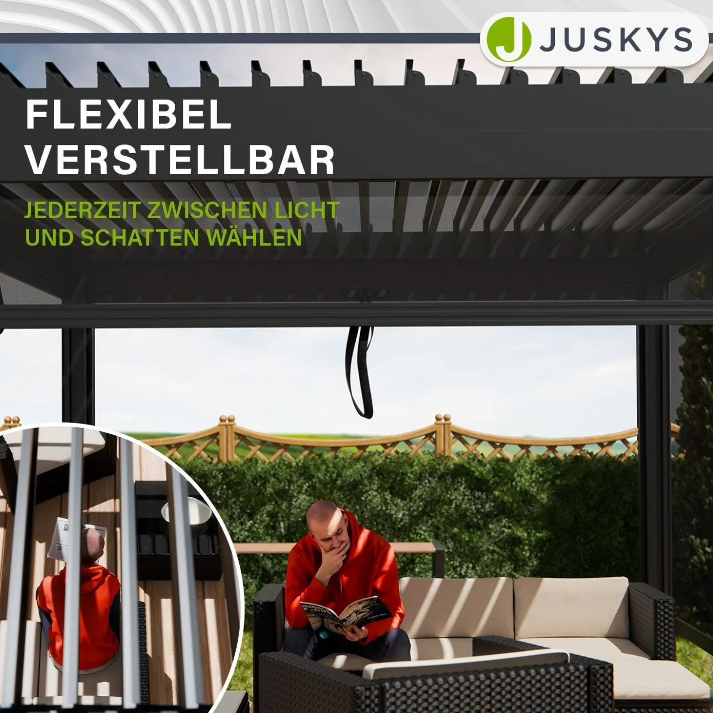 Seitenwand für Lamellendach Tahiti Verstellbares Rollo für Pergola - flexibler Sicht- & Sonnenschutz