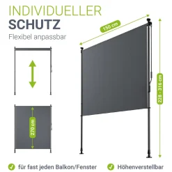 Senkrechtmarkise Barbados 100 x 310 cm - grau Sonnen- & Sichtschutz höhenverstellbar, ohne Bohren, UV-beständig in 100x310cm - grau