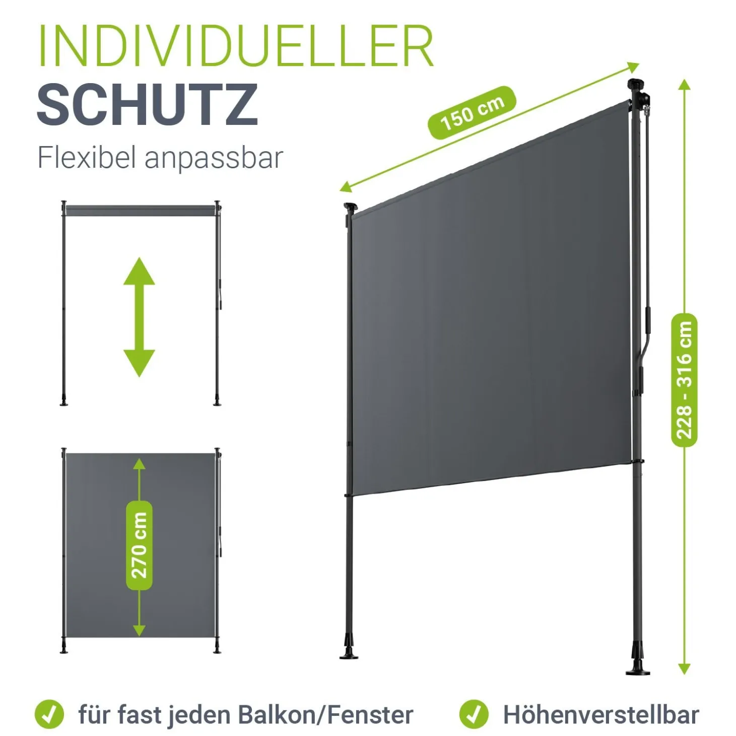 Senkrechtmarkise Barbados 100 x 310 cm - grau Sonnen- & Sichtschutz höhenverstellbar, ohne Bohren, UV-beständig in 100x310cm - grau
