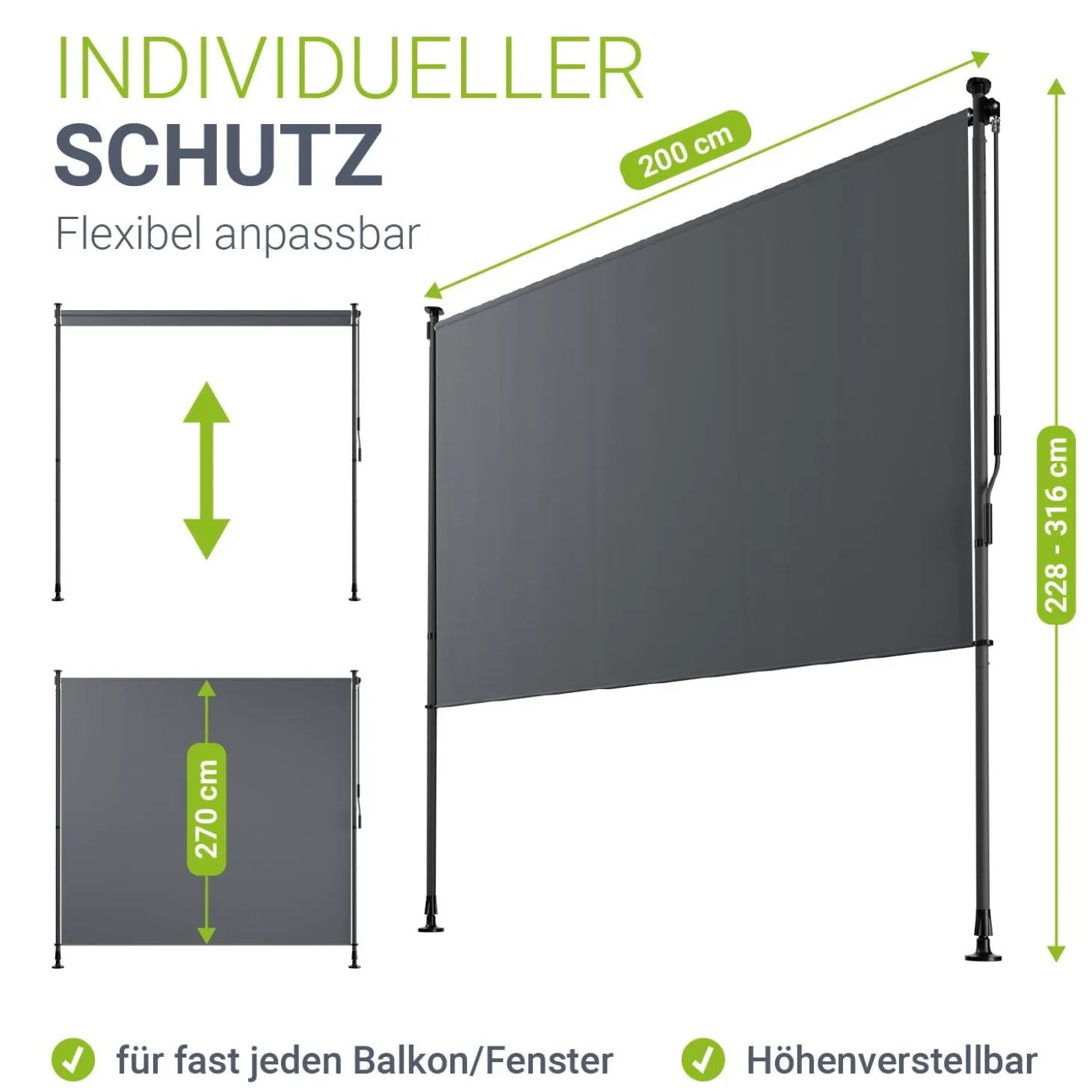 Senkrechtmarkise Barbados 150 x 310 cm - grau Sonnen- & Sichtschutz höhenverstellbar, ohne Bohren, UV-beständig