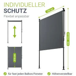 Senkrechtmarkise Barbados 200 x 310 cm - grau Sonnen- & Sichtschutz höhenverstellbar, ohne Bohren, UV-beständig