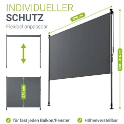 Senkrechtmarkise Barbados 200 x 310 cm - grau Sonnen- & Sichtschutz höhenverstellbar, ohne Bohren, UV-beständig