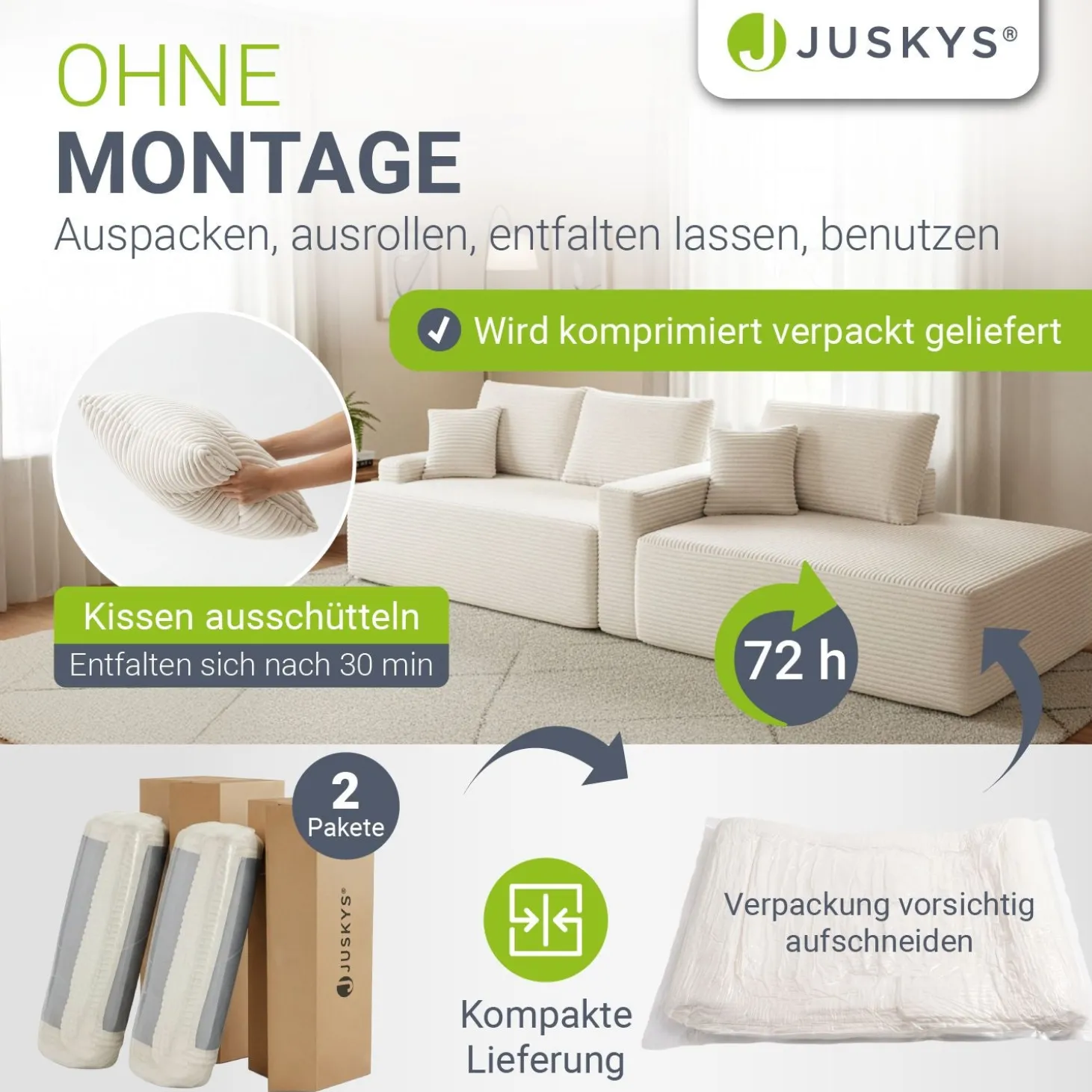 Sofa Coredo mit Cord Bezug & Dekokissen Gemütliche Couch mit Schaumstoff und Boxspringkern