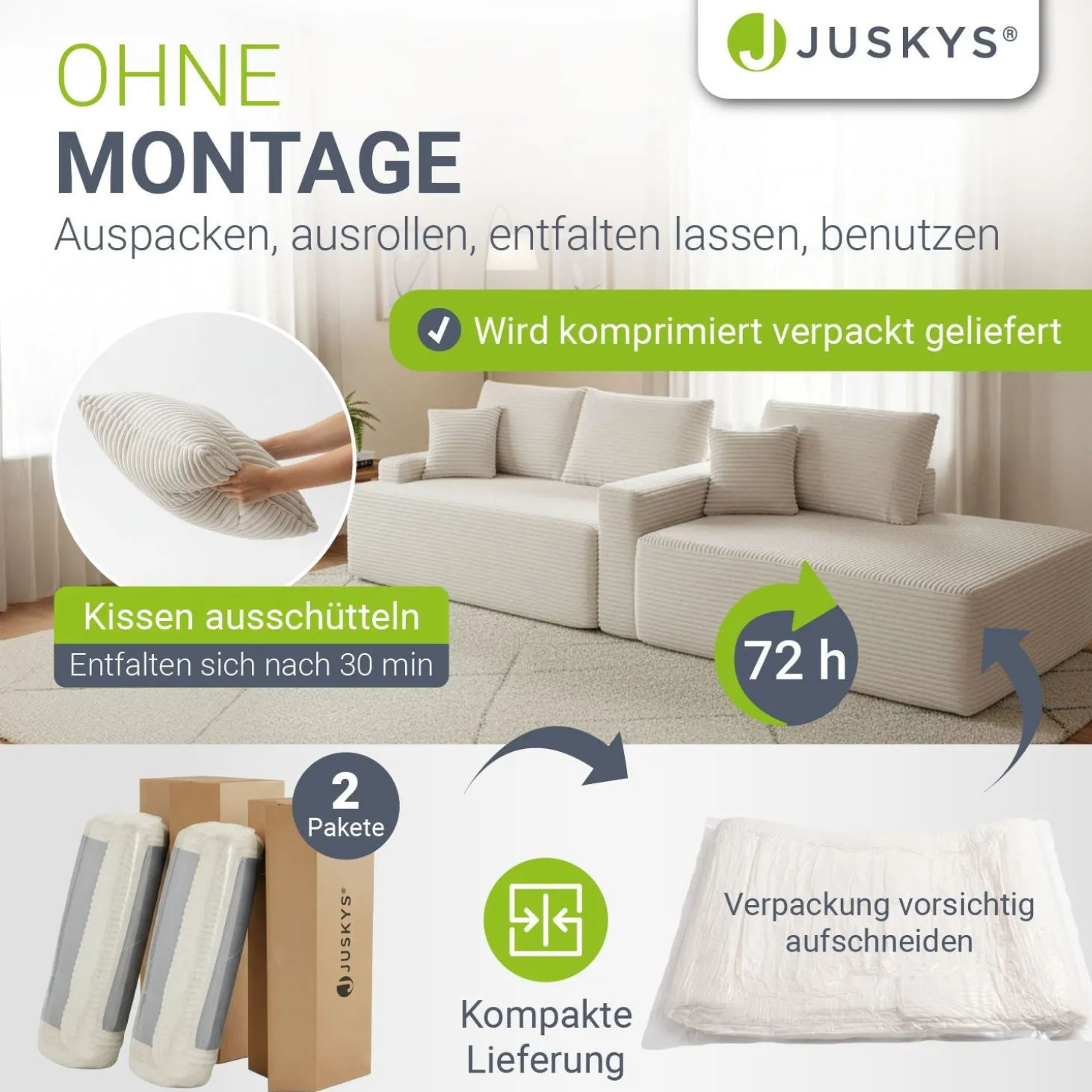 Sofa Coredo mit Cord Bezug & Dekokissen Gemütliche Couch mit Schaumstoff und Boxspringkern
