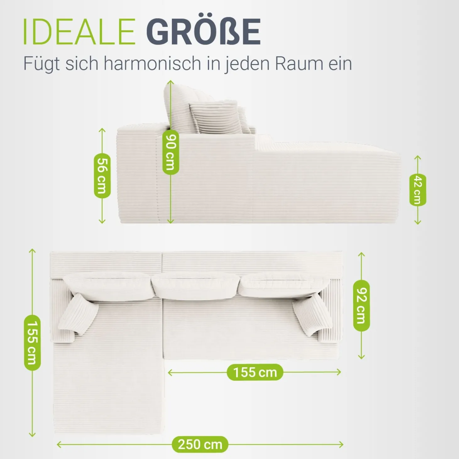 Sofa Coredo mit Cord Bezug & Dekokissen Gemütliche Couch mit Schaumstoff und Boxspringkern