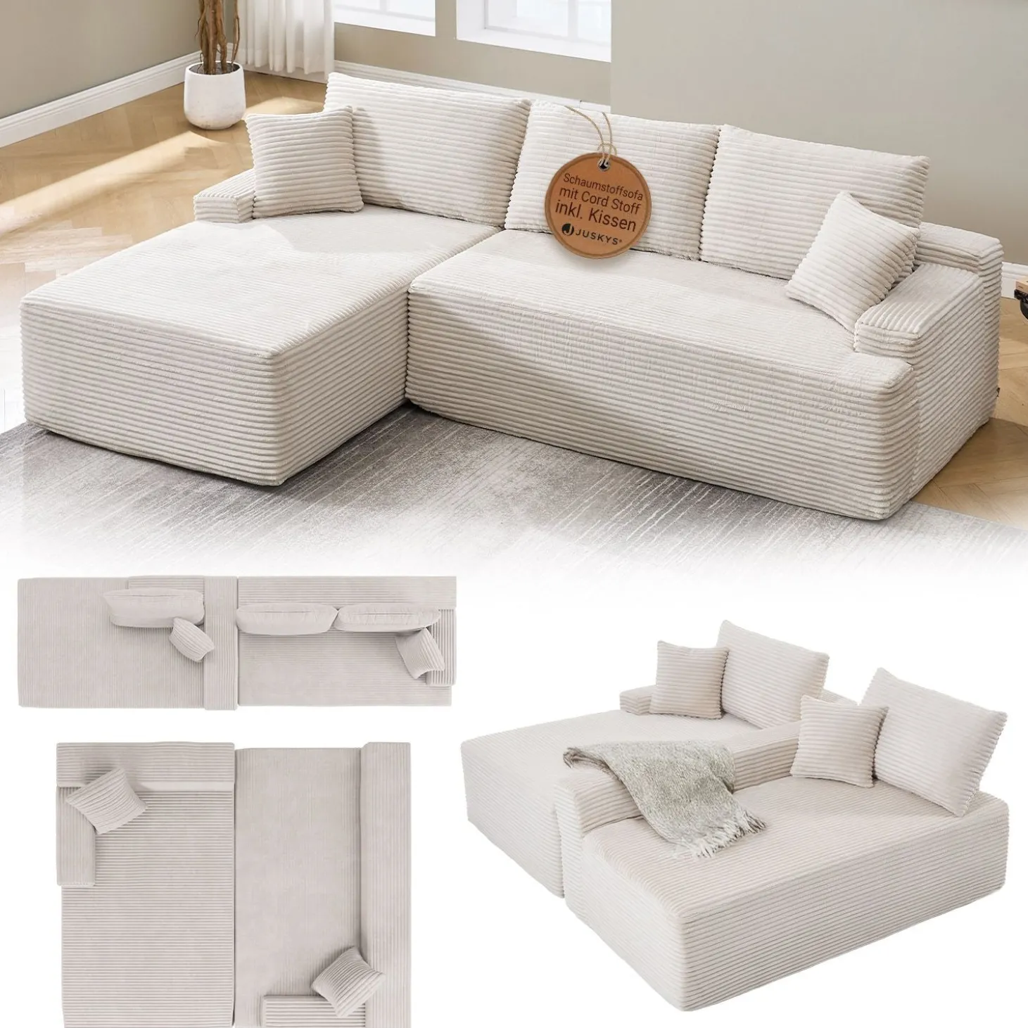 Sofa Coredo mit Cord Bezug & Dekokissen Gemütliche Couch mit Schaumstoff und Boxspringkern