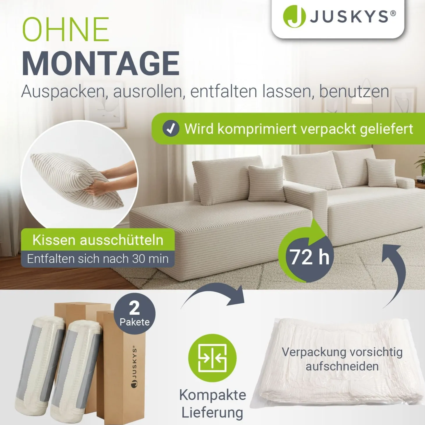 Sofa Coredo mit Cord Bezug & Dekokissen Gemütliche Couch mit Schaumstoff und Boxspringkern