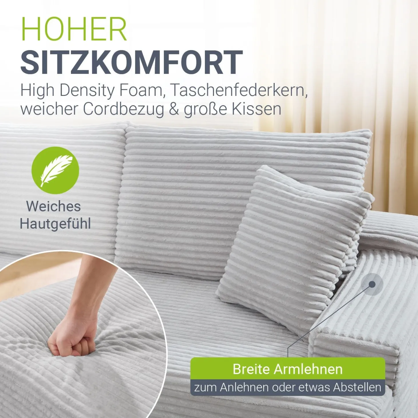 Sofa Coredo mit Cord Bezug & Dekokissen Gemütliche Couch mit Schaumstoff und Boxspringkern