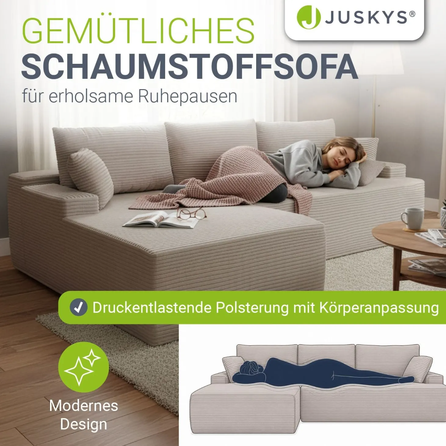 Sofa Coredo mit Cord Bezug & Dekokissen Gemütliche Couch mit Schaumstoff und Boxspringkern