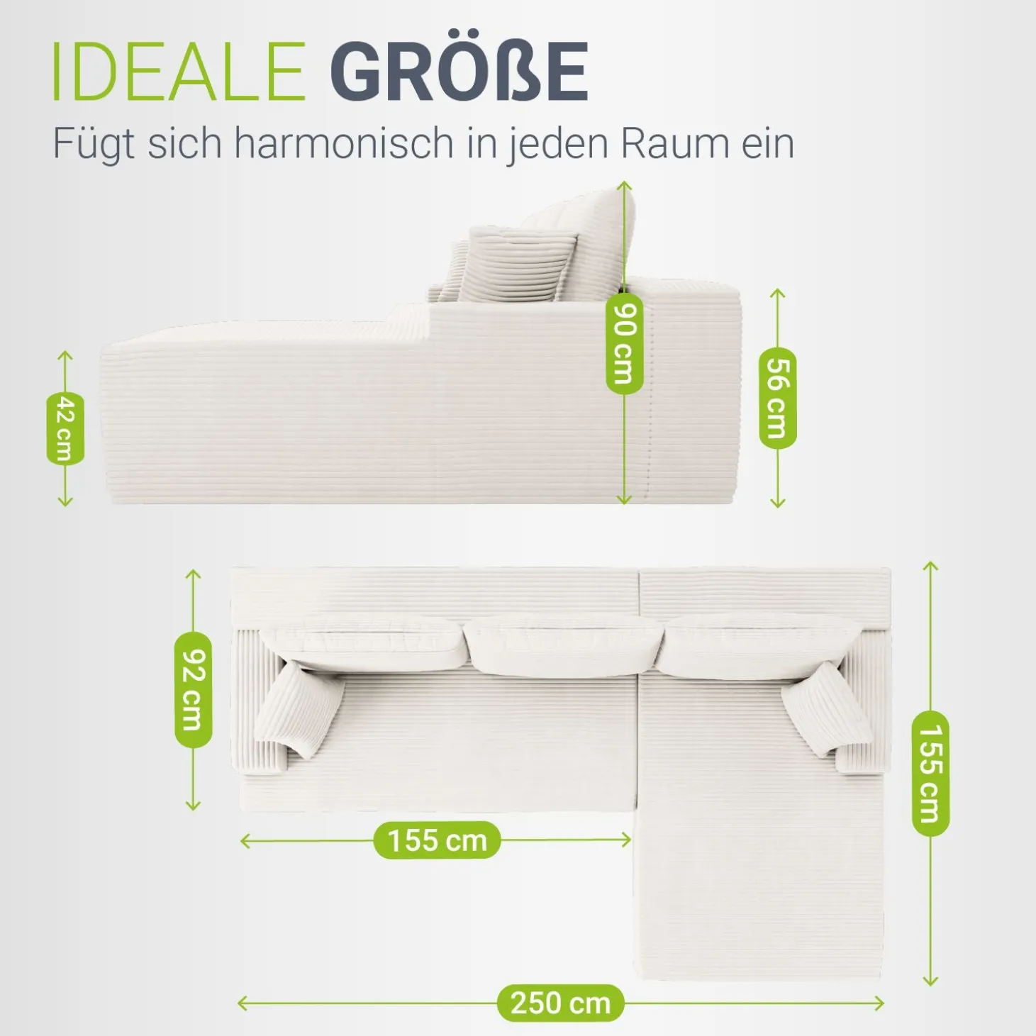 Sofa Coredo mit Cord Bezug & Dekokissen Gemütliche Couch mit Schaumstoff und Boxspringkern