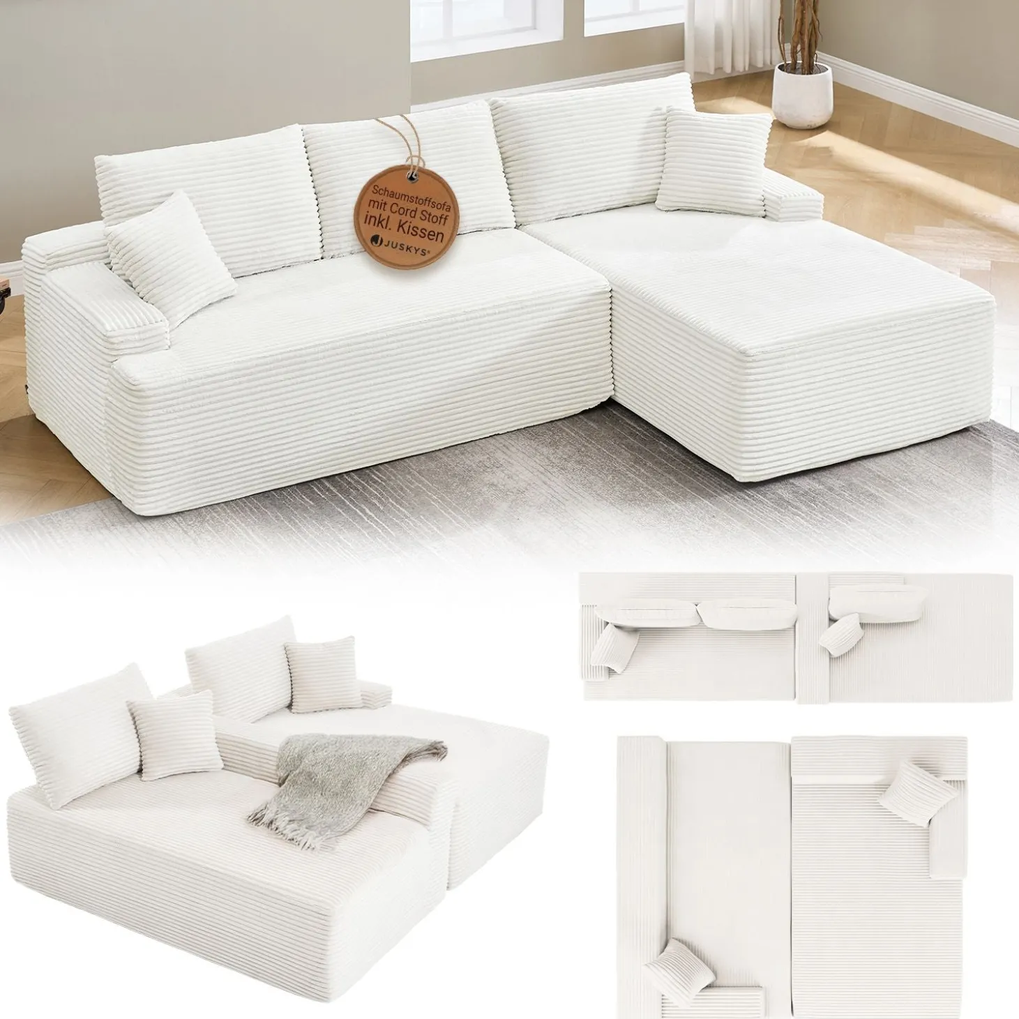 Sofa Coredo mit Cord Bezug & Dekokissen Gemütliche Couch mit Schaumstoff und Boxspringkern