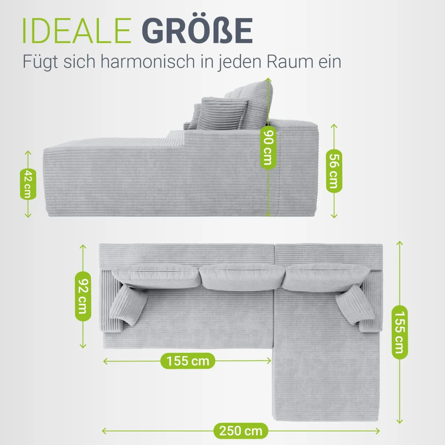 Sofa Coredo mit Cord Bezug & Dekokissen Gemütliche Couch mit Schaumstoff und Boxspringkern