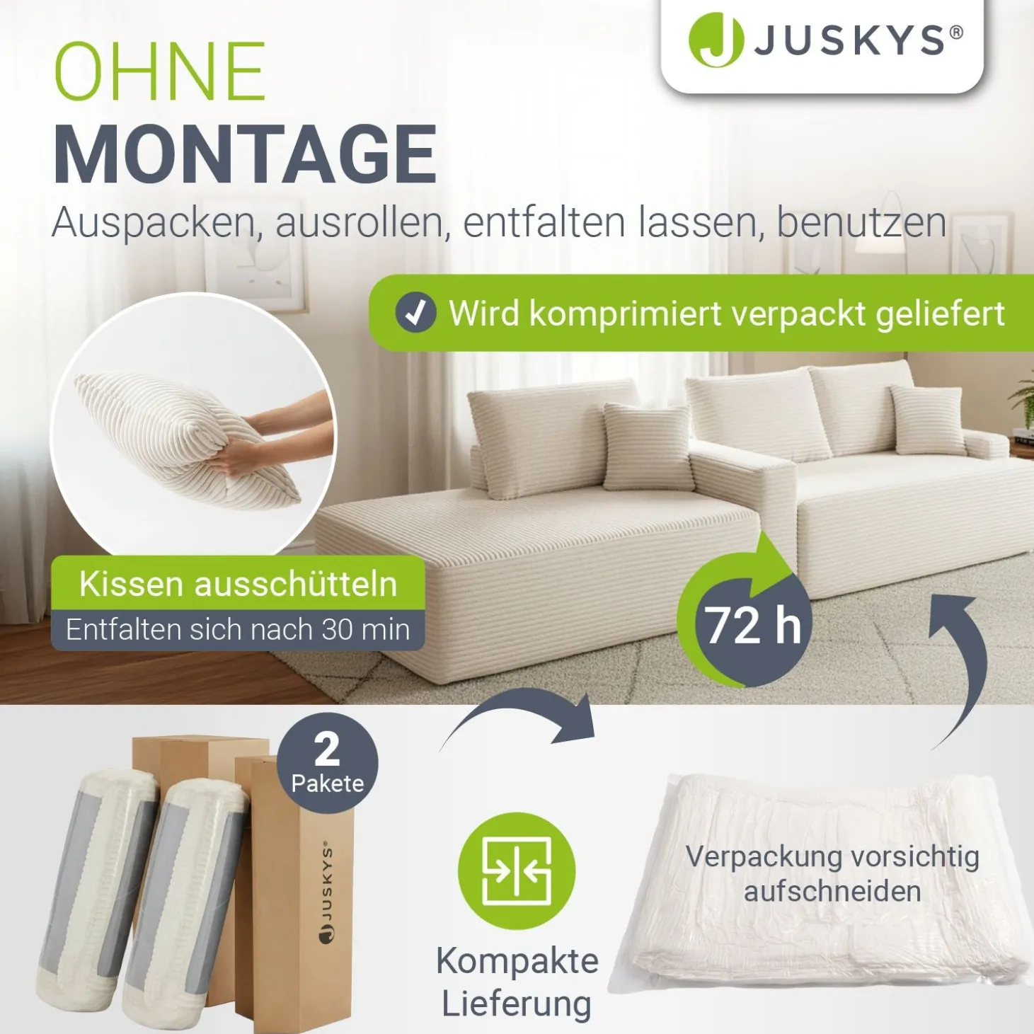 Sofa Coredo mit Cord Bezug & Dekokissen Gemütliche Couch mit Schaumstoff und Boxspringkern