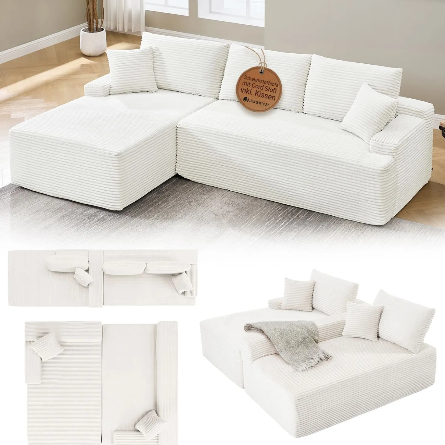 Sofa Coredo mit Cord Bezug & Dekokissen Gemütliche Couch mit Schaumstoff und Boxspringkern