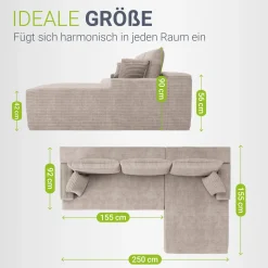Sofa Coredo mit Cord Bezug & Dekokissen Gemütliche Couch mit Schaumstoff und Boxspringkern