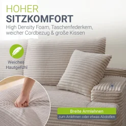 Sofa Coredo mit Cord Bezug & Dekokissen Gemütliche Couch mit Schaumstoff und Boxspringkern