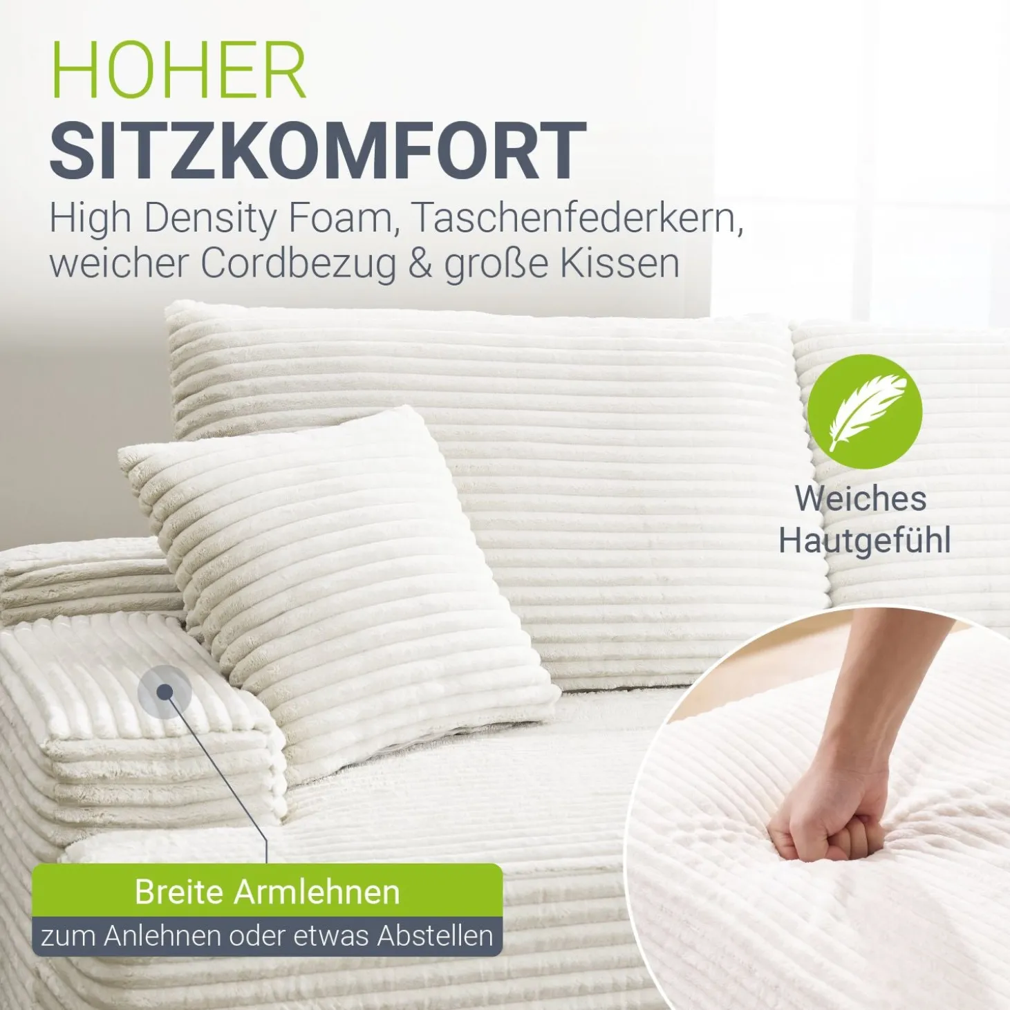 Sofa Coredo mit Cord Bezug & Dekokissen Gemütliche Couch mit Schaumstoff und Boxspringkern
