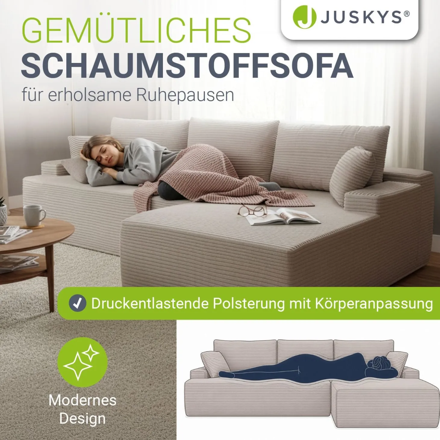 Sofa Coredo mit Cord Bezug & Dekokissen Gemütliche Couch mit Schaumstoff und Boxspringkern