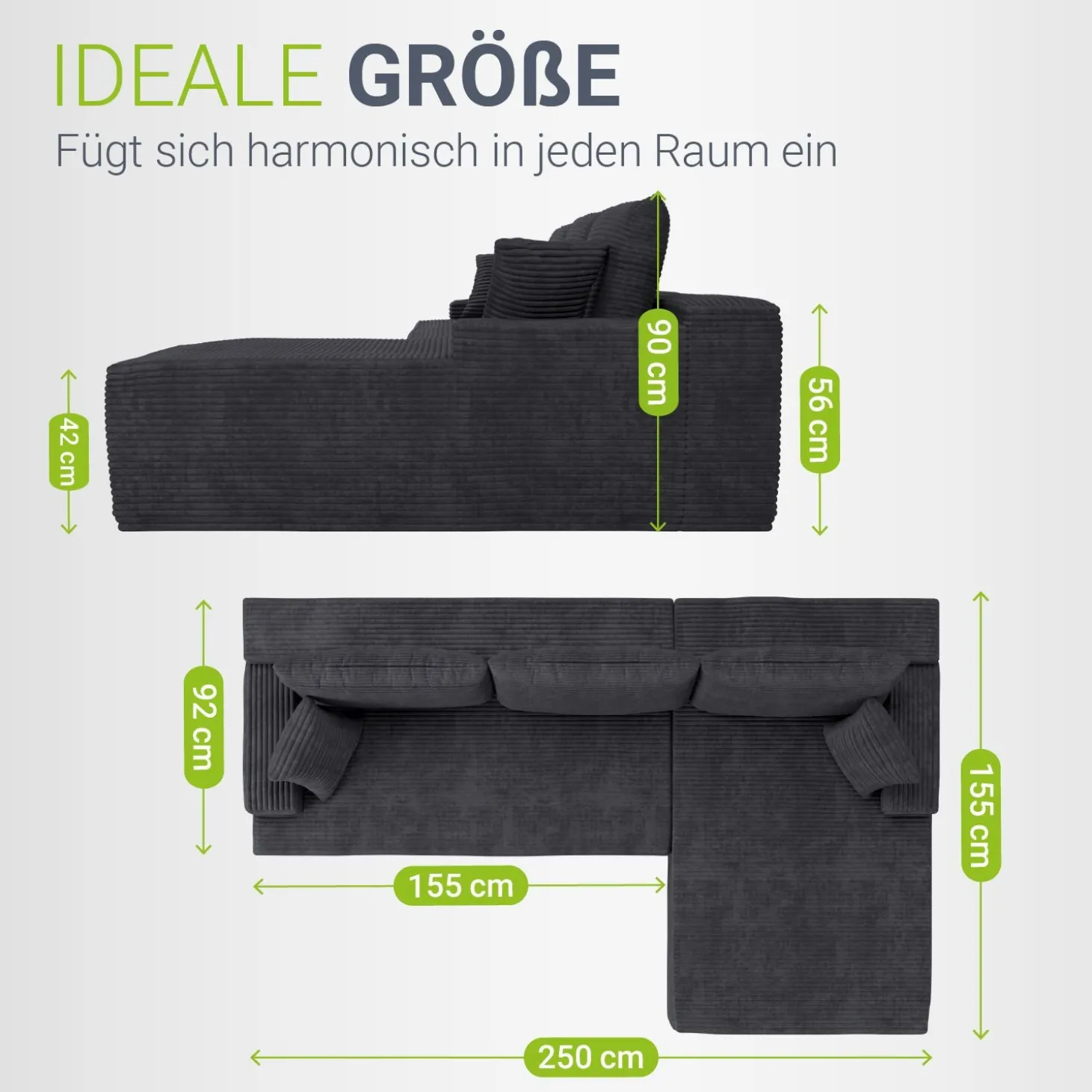 Sofa Coredo mit Cord Bezug & Dekokissen Gemütliche Couch mit Schaumstoff und Boxspringkern