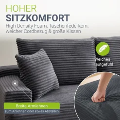 Sofa Coredo mit Cord Bezug & Dekokissen Gemütliche Couch mit Schaumstoff und Boxspringkern