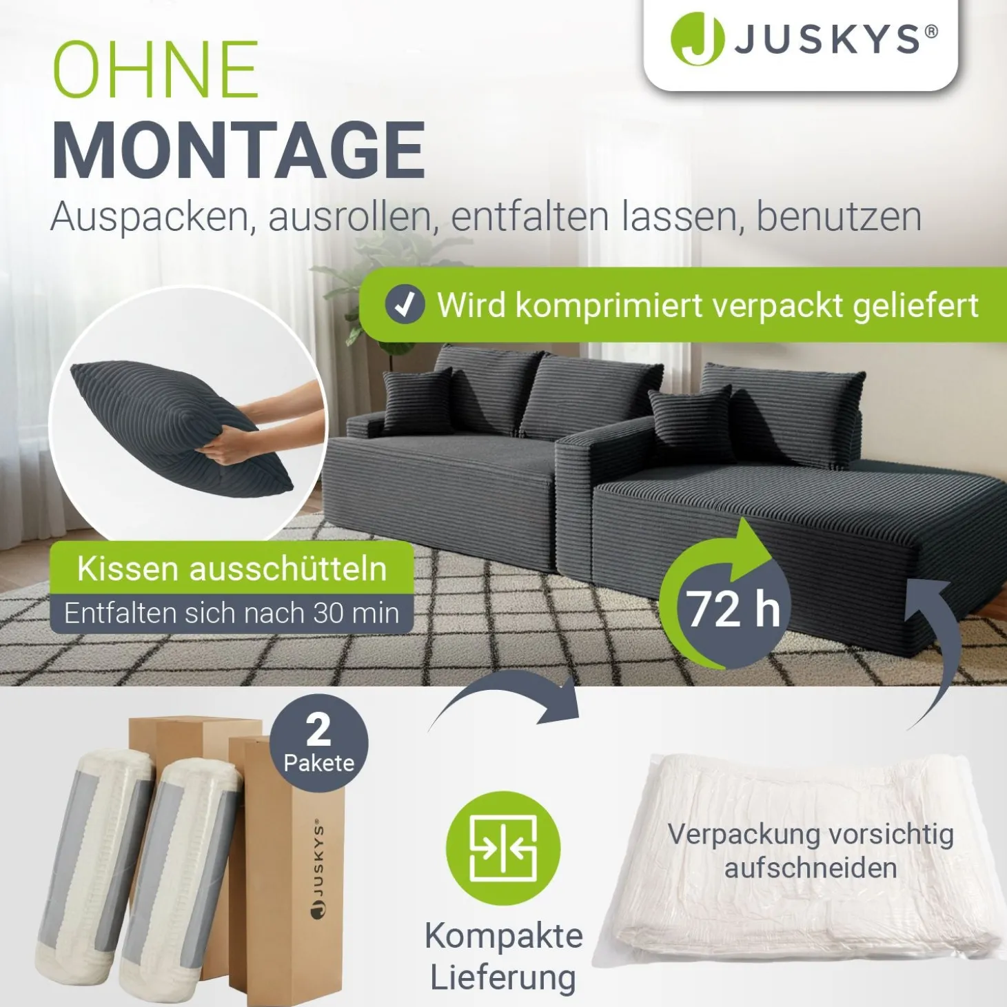 Sofa Coredo mit Cord Bezug & Dekokissen Gemütliche Couch mit Schaumstoff und Boxspringkern