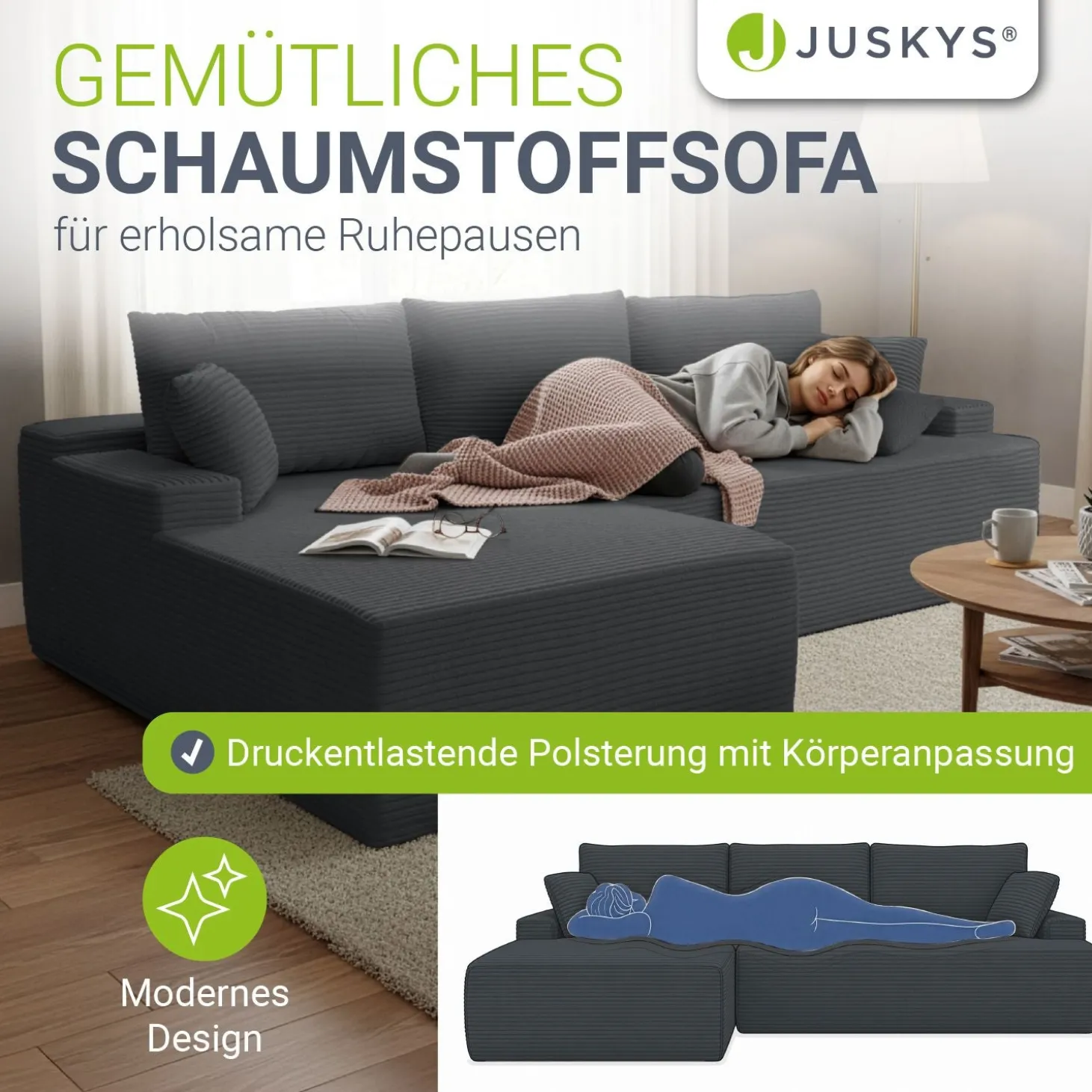 Sofa Coredo mit Cord Bezug & Dekokissen Gemütliche Couch mit Schaumstoff und Boxspringkern