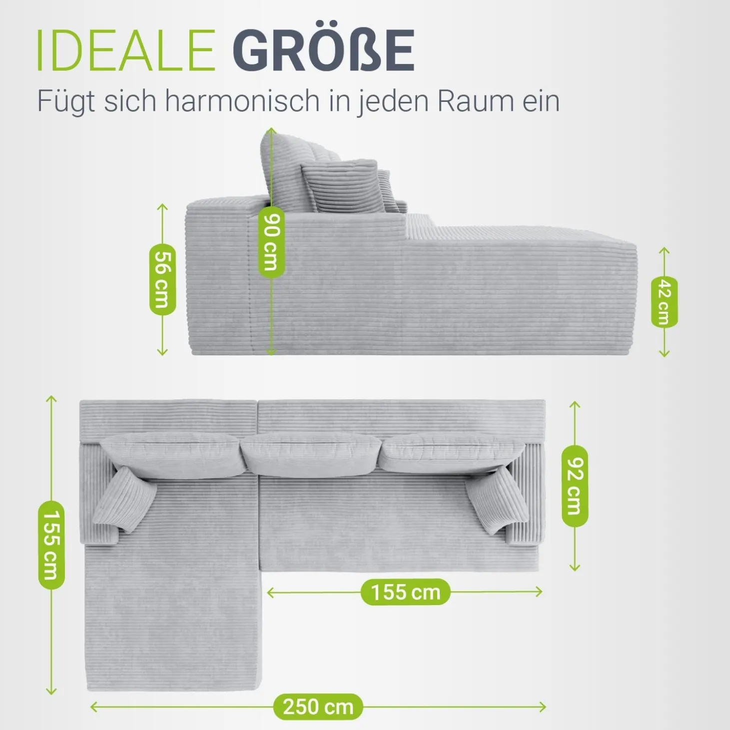 Sofa Coredo mit Cord Bezug & Dekokissen Gemütliche Couch mit Schaumstoff und Boxspringkern