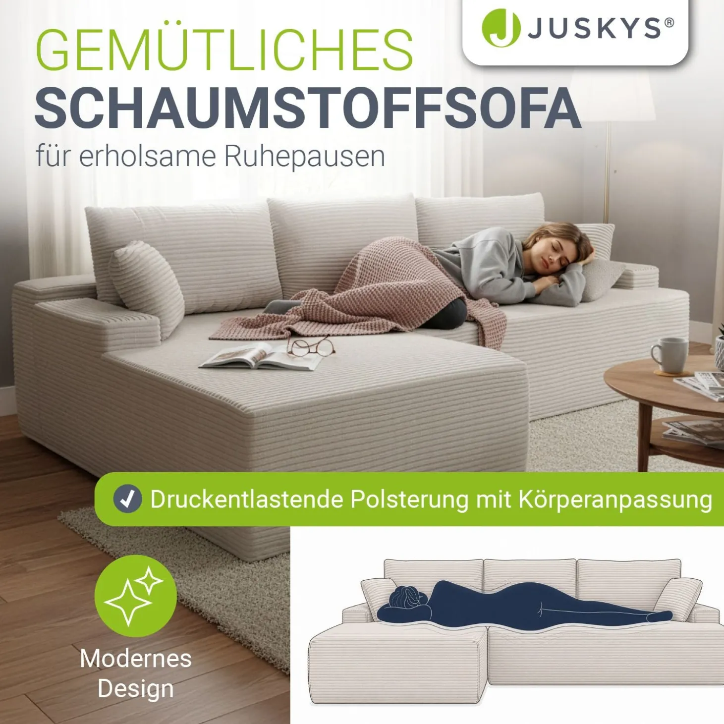 Sofa Coredo mit Cord Bezug & Dekokissen Gemütliche Couch mit Schaumstoff und Boxspringkern