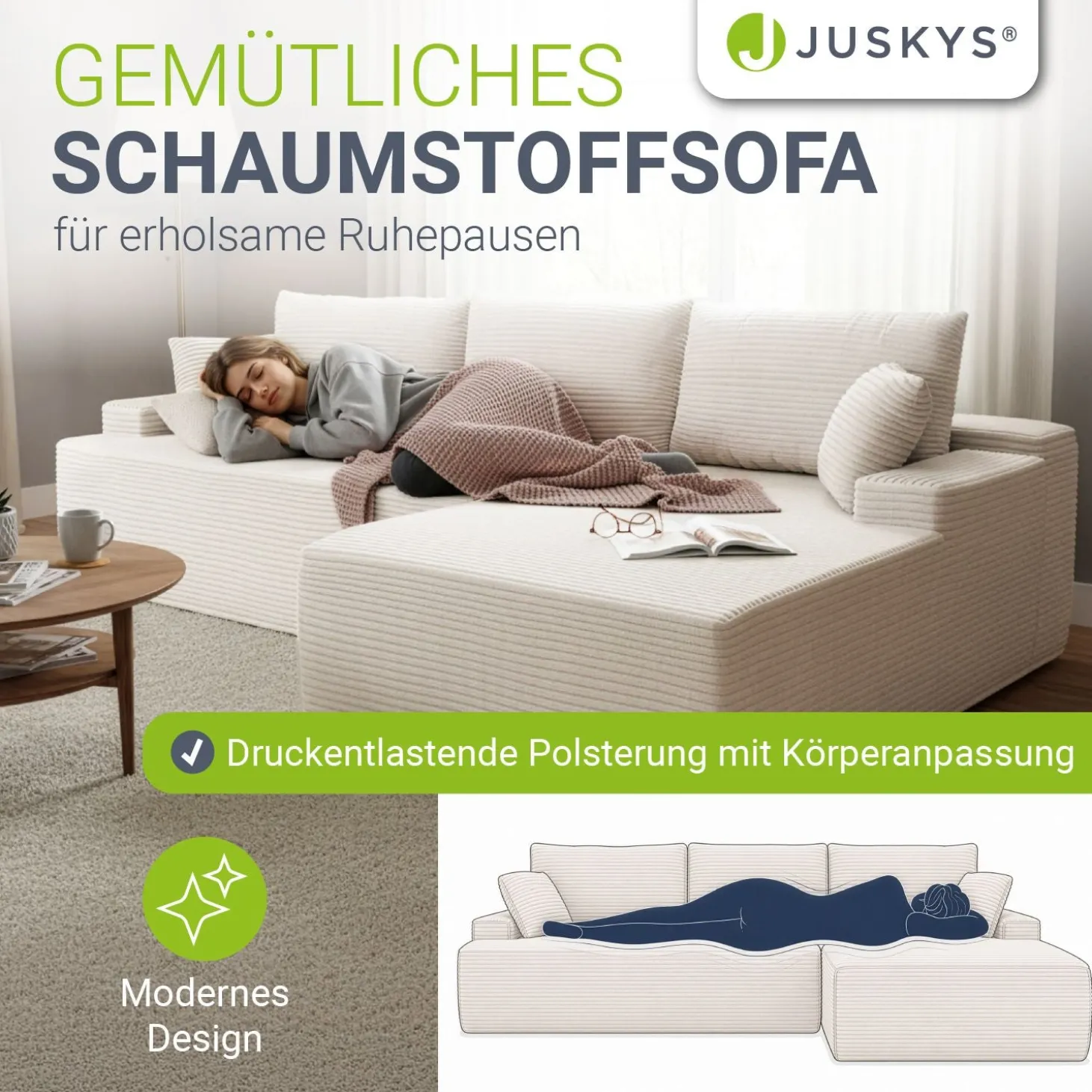 Sofa Coredo mit Cord Bezug & Dekokissen Gemütliche Couch mit Schaumstoff und Boxspringkern