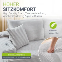 Sofa Coredo mit Cord Bezug & Dekokissen Gemütliche Couch mit Schaumstoff und Boxspringkern