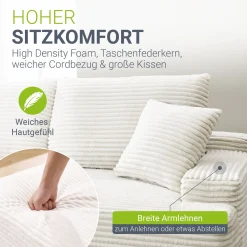 Sofa Coredo mit Cord Bezug & Dekokissen Gemütliche Couch mit Schaumstoff und Boxspringkern