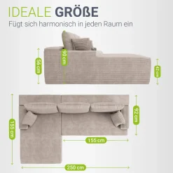 Sofa Coredo mit Cord Bezug & Dekokissen Gemütliche Couch mit Schaumstoff und Boxspringkern
