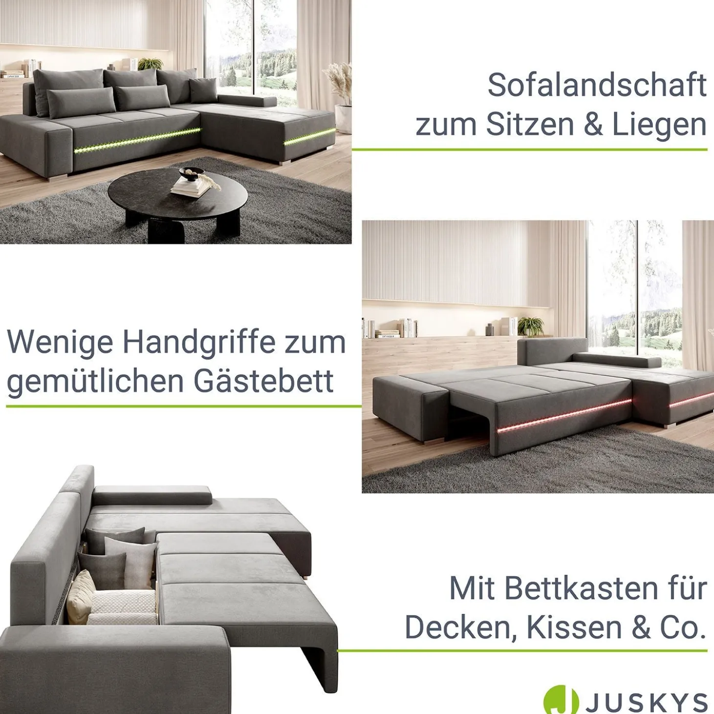 Sofa Davos mit LED Gemütliche Couch in L-Form mit Schlaffunktion
