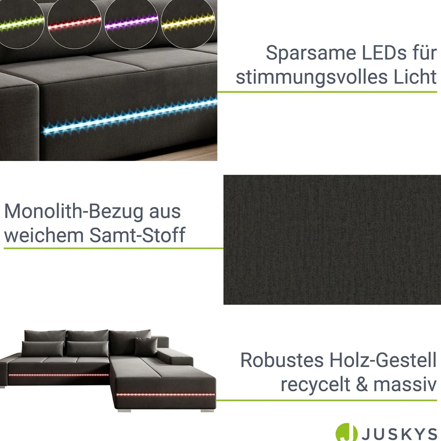 Sofa Davos mit LED Gemütliche Couch in L-Form mit Schlaffunktion