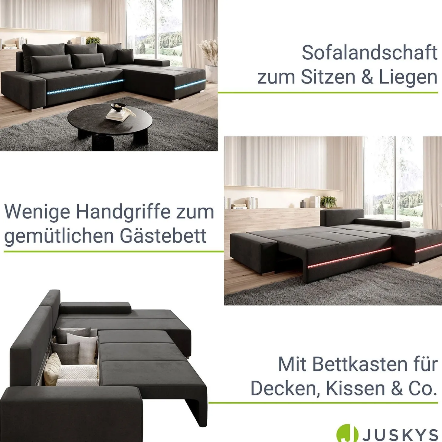 Sofa Davos mit LED Gemütliche Couch in L-Form mit Schlaffunktion