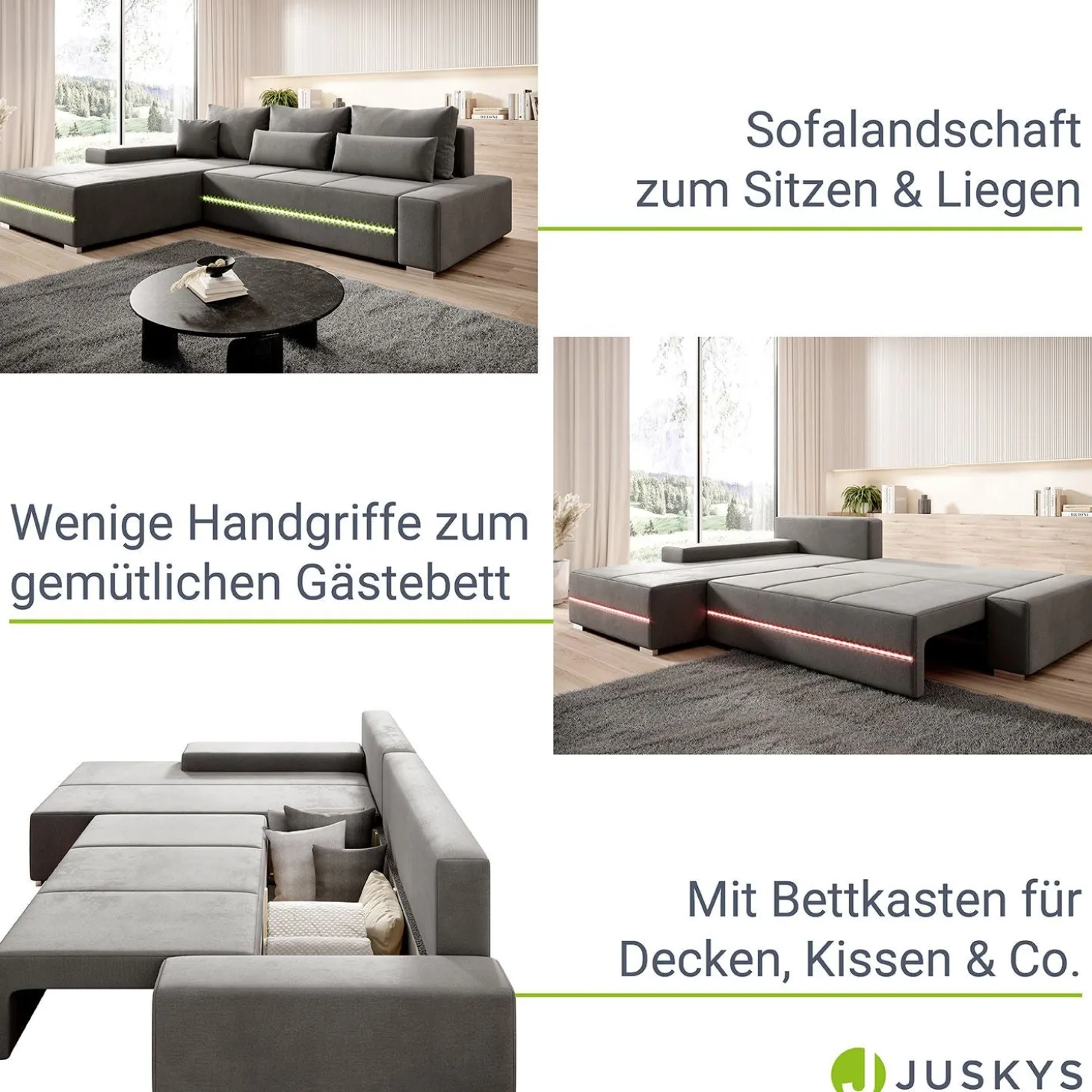 Sofa Davos mit LED Gemütliche Couch in L-Form mit Schlaffunktion
