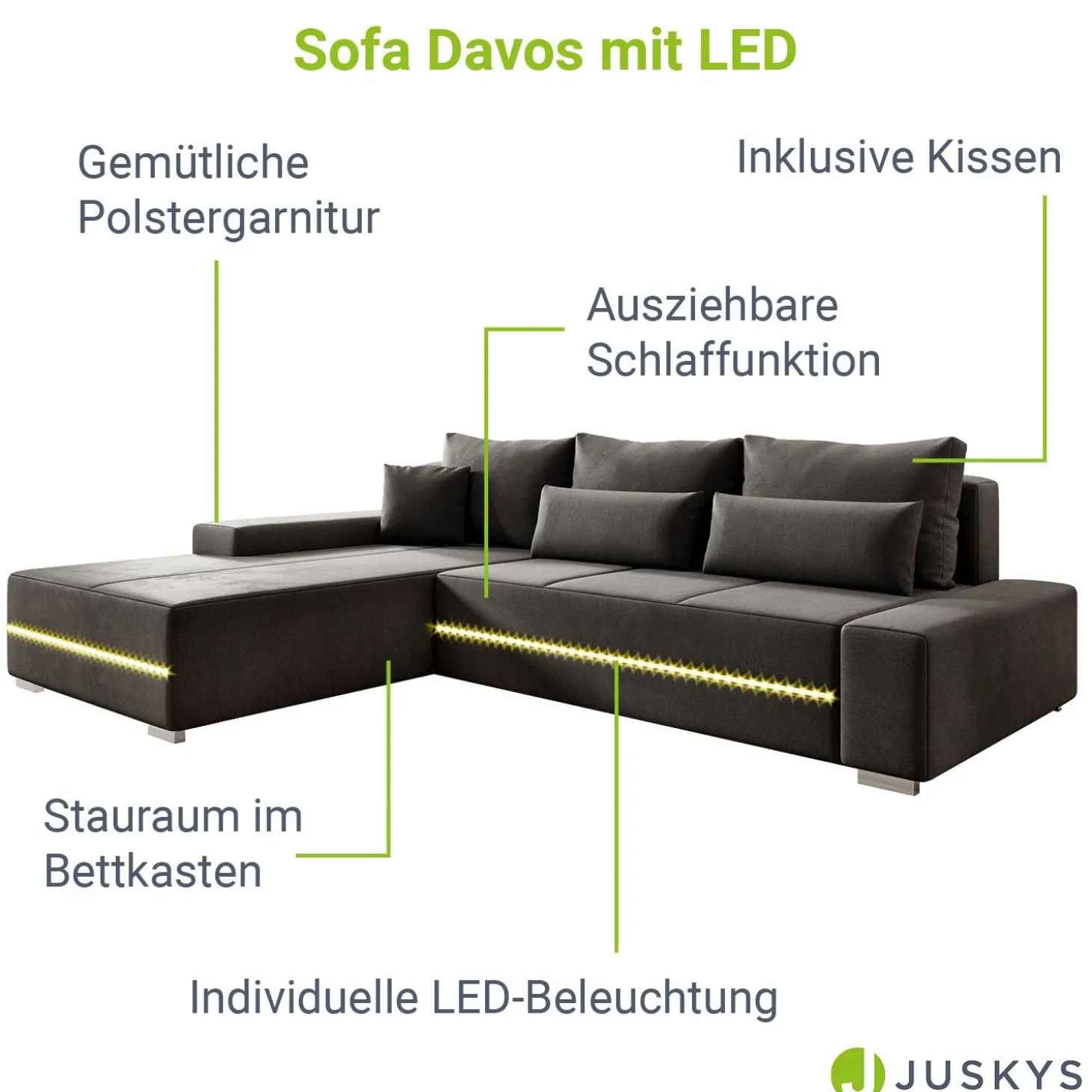Sofa Davos mit LED Gemütliche Couch in L-Form mit Schlaffunktion